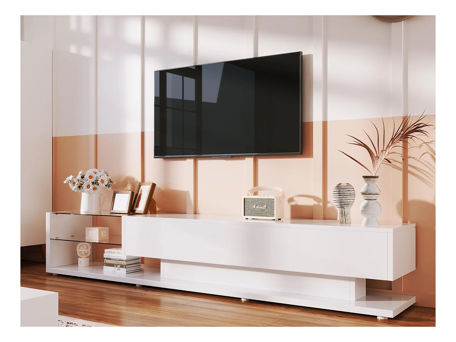 Meuble TV 170cm avec LED et cloison vitrée - 2 tiroirs - Blanc