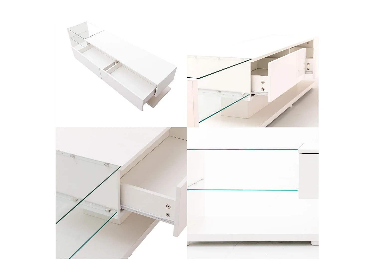 Mobile TV da 170 cm con LED e divisorio in vetro - 2 cassetti - Bianco