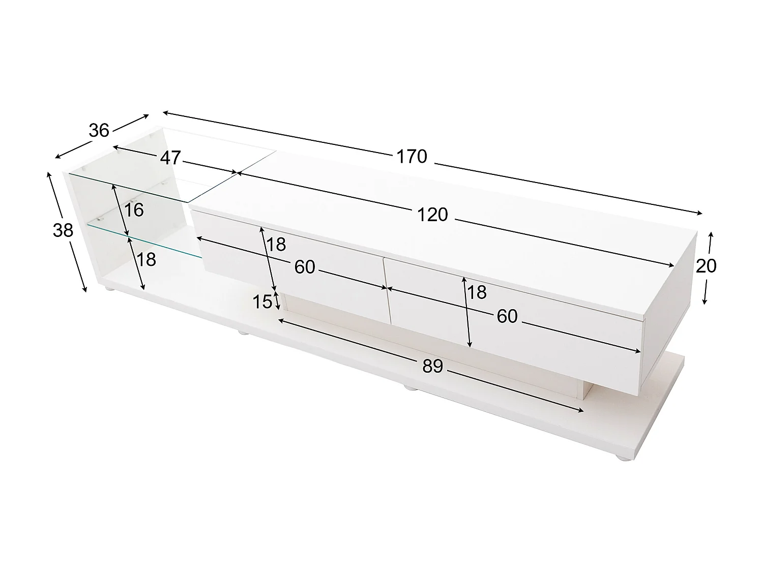 Mobile TV da 170 cm con LED e divisorio in vetro - 2 cassetti - Bianco