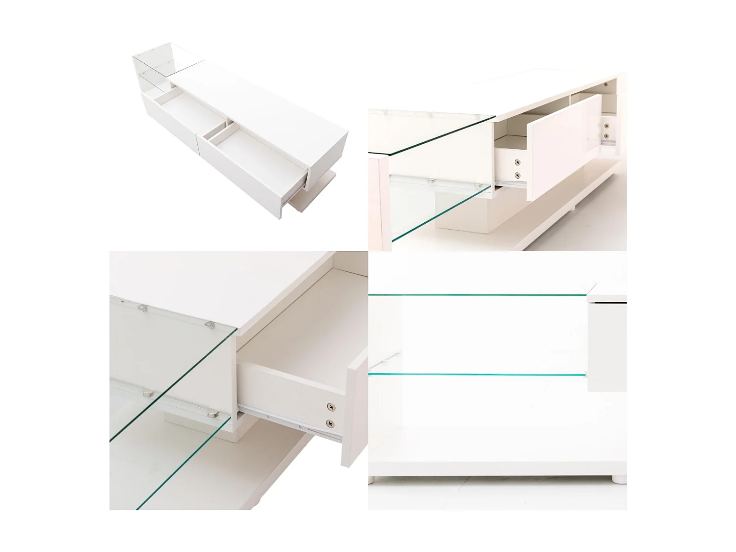 Meuble TV 170cm avec LED et cloison vitrée - 2 tiroirs - Blanc