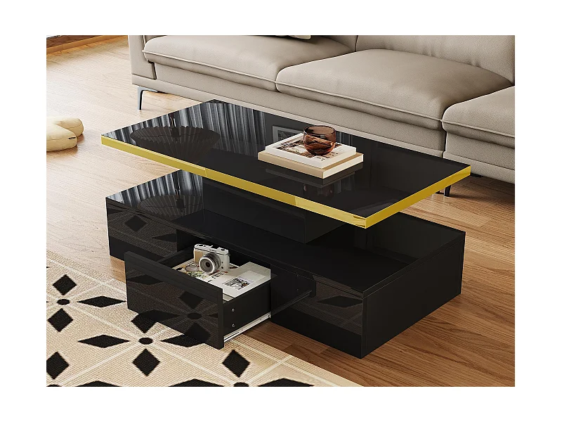 Aufbewahrungs-Couchtisch mit LED – glänzende Optik – Schwarz