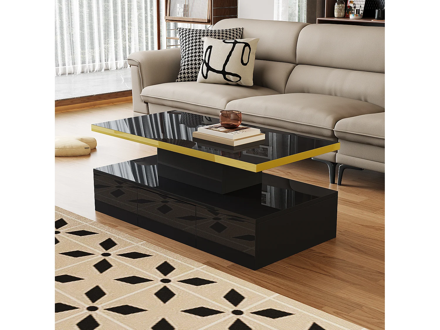 Table basse de rangement avec LED - aspect brillant - Noir