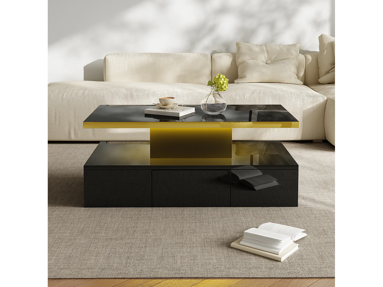 Table basse de rangement avec LED - aspect brillant - Noir