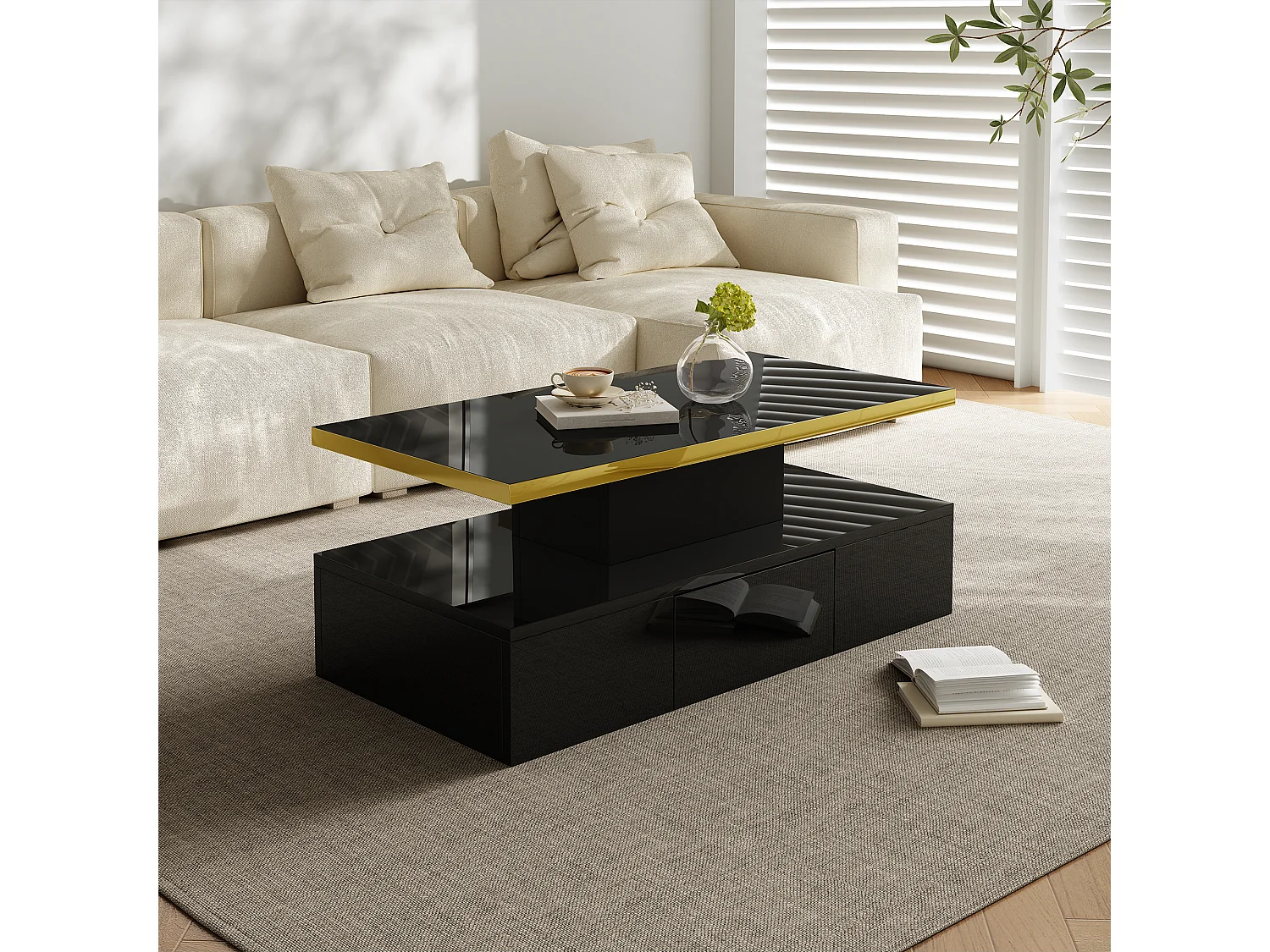 Table basse de rangement avec LED - aspect brillant - Noir