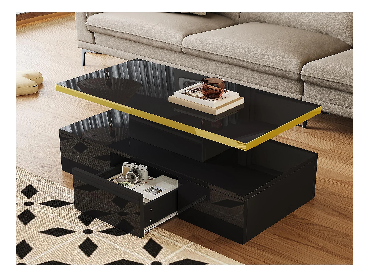 Table basse de rangement avec LED - aspect brillant - Noir