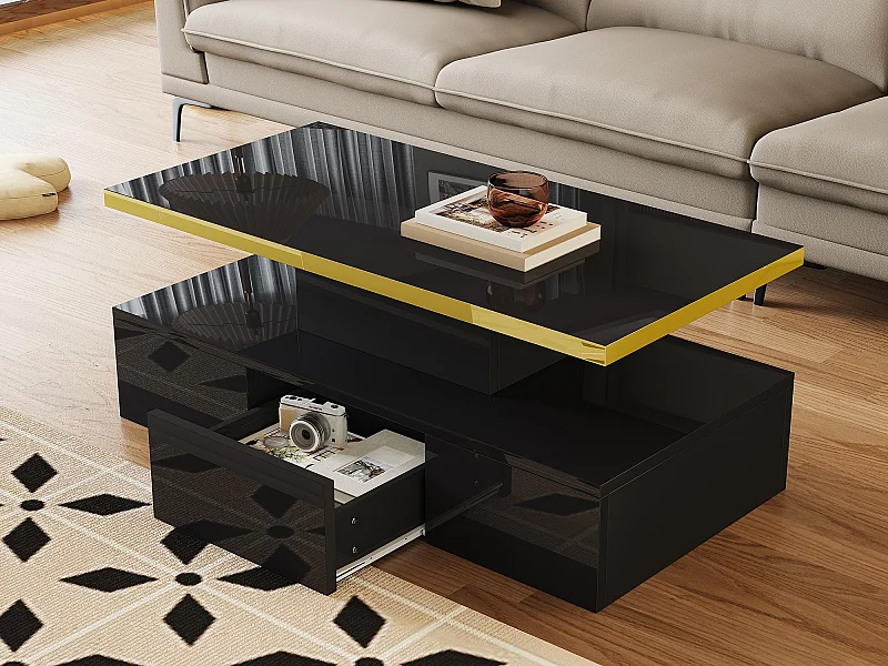 Table basse de rangement avec LED - aspect brillant - Noir