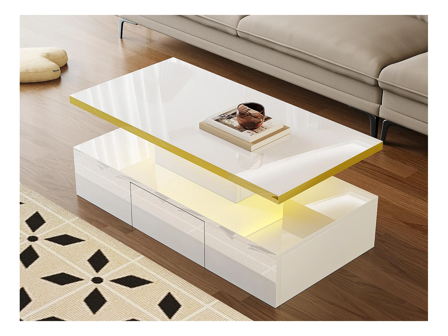 Table basse de rangement avec LED - aspect brillant - Blanc