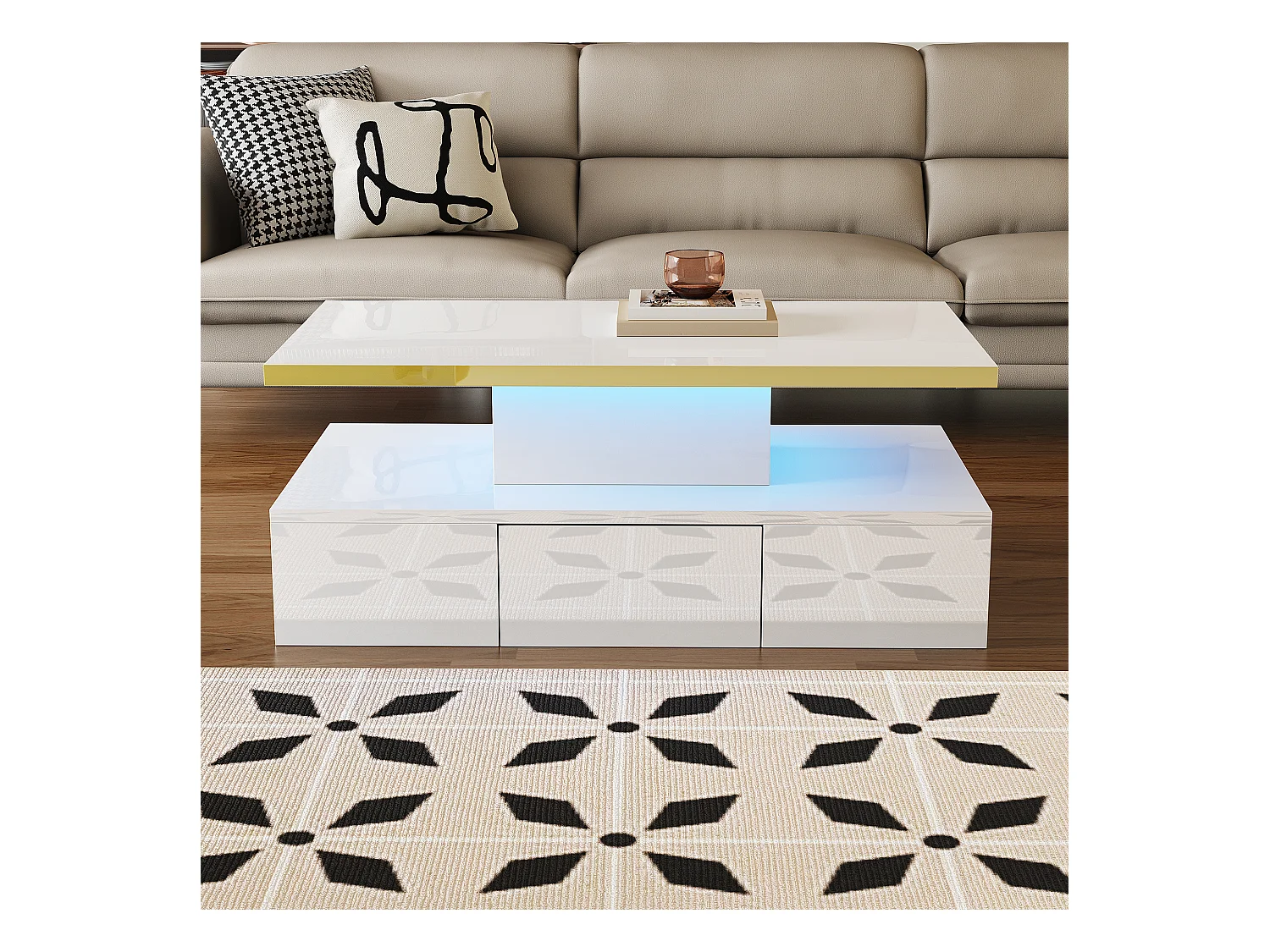 Table basse de rangement avec LED - aspect brillant - Blanc