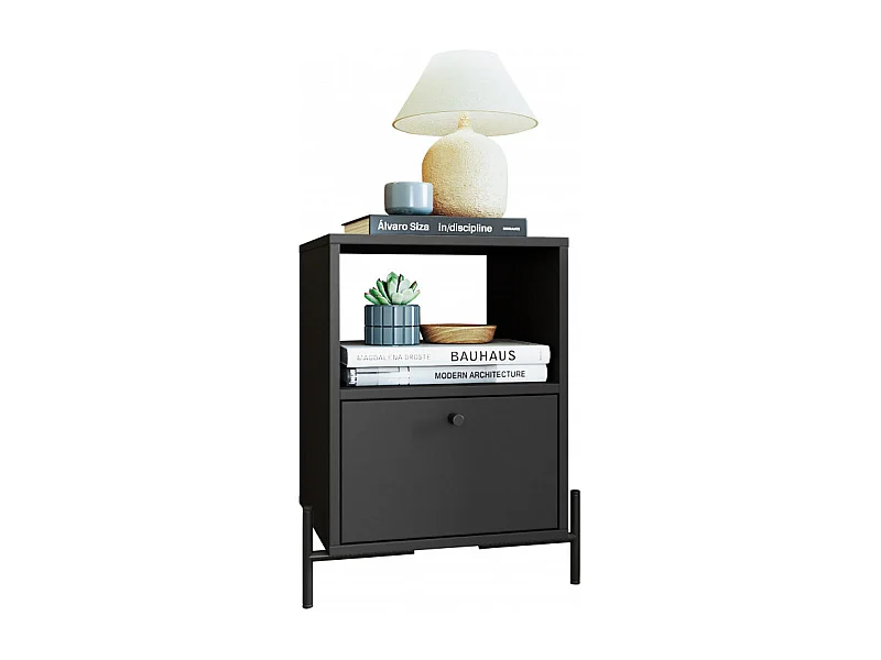 Chevet Noir 1 Tiroir 1 Niche Pieds Métal L 45 H 56 P 35 cm