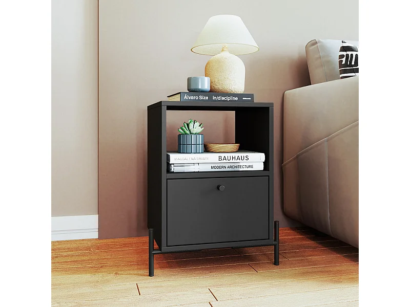 Chevet Noir 1 Tiroir 1 Niche Pieds Métal L 45 H 56 P 35 cm