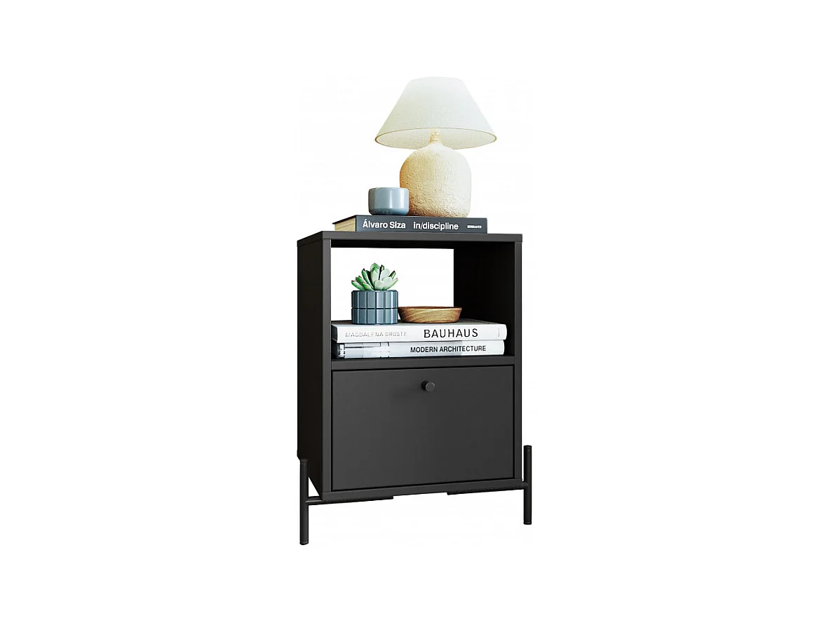Chevet Noir 1 Tiroir 1 Niche Pieds Métal L 45 H 56 P 35 cm