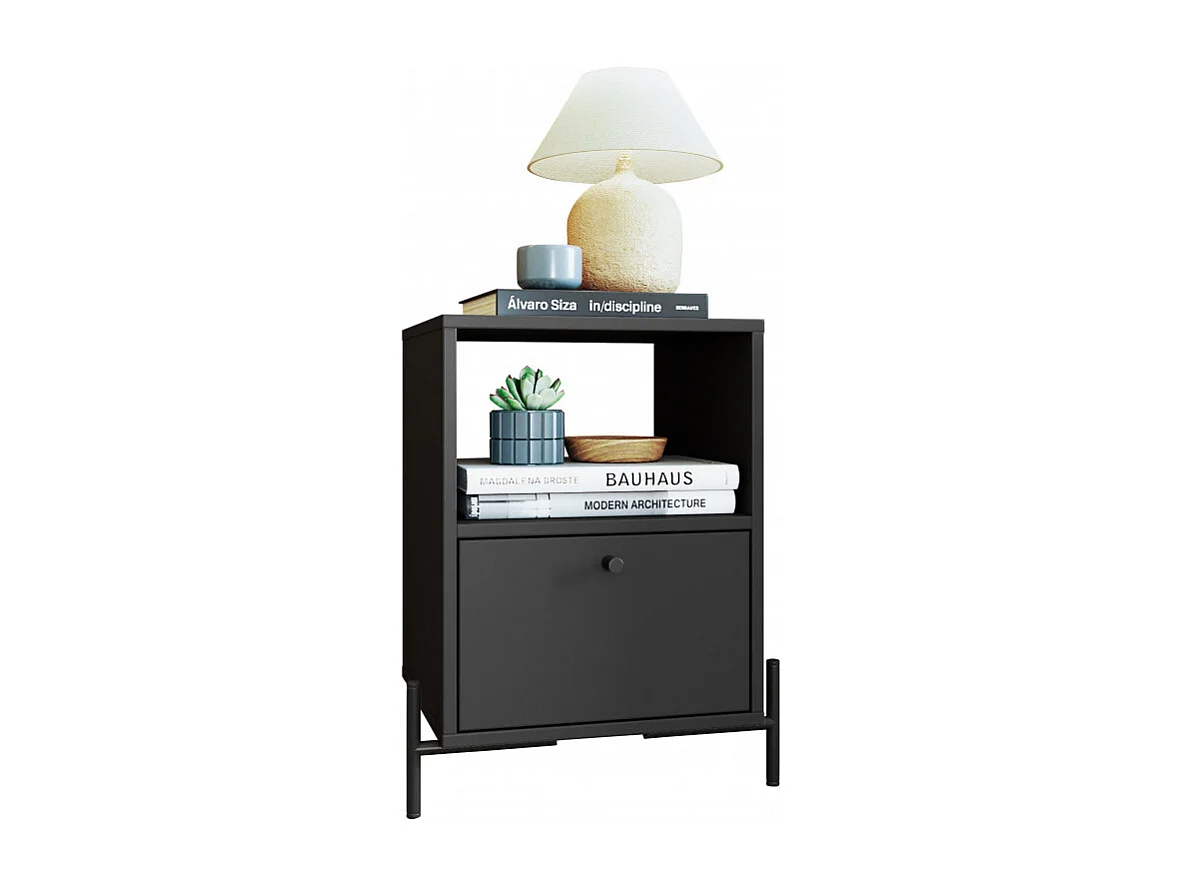 Chevet Noir 1 Tiroir 1 Niche Pieds Métal L 45 H 56 P 35 cm