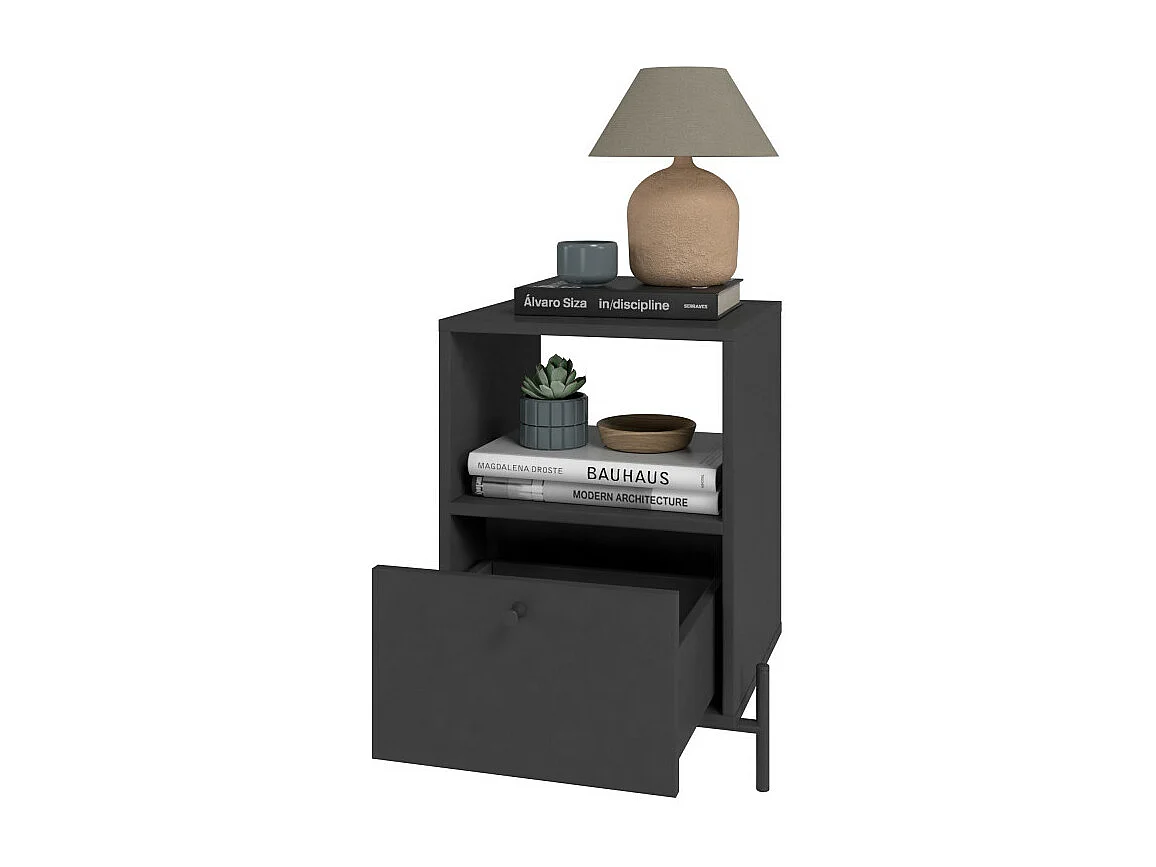 Chevet Noir 1 Tiroir 1 Niche Pieds Métal L 45 H 56 P 35 cm