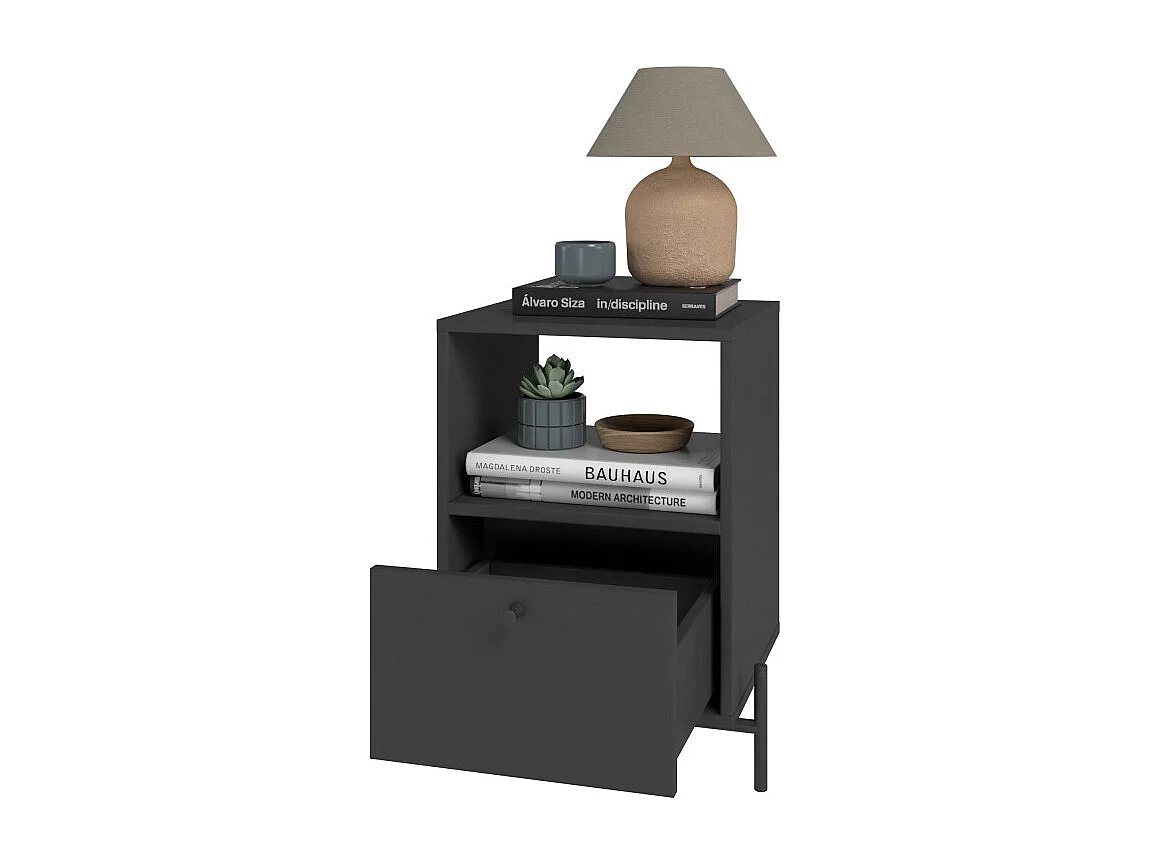 Table de Chevet Noir 1 Tiroir 1 Niche Pieds Métal L 45 H 56 P 35 cm