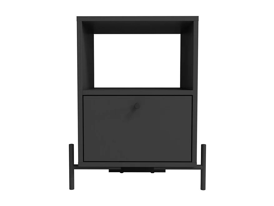 Table de Chevet Noir 1 Tiroir 1 Niche Pieds Métal L 45 H 56 P 35 cm