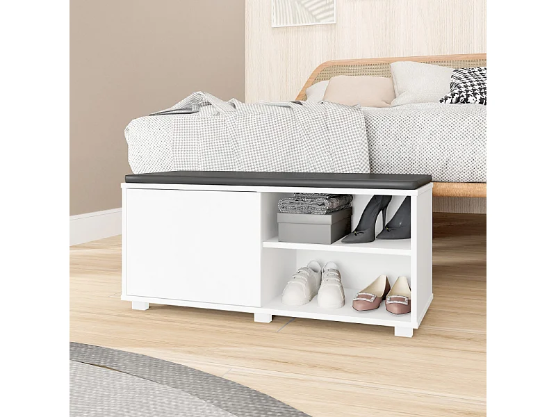 Meuble d'Entrée Meuble bout de Lit 1 Porte 4 Niches Blanc L 90 H 42.5 P 35 cm