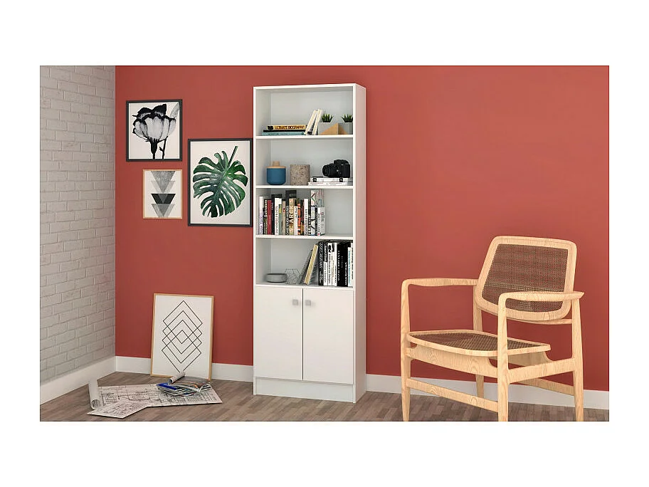 Bibliothèque 2 Portes Blanche 5 Niches L 61.5 H 182.5 P 30.5 cm