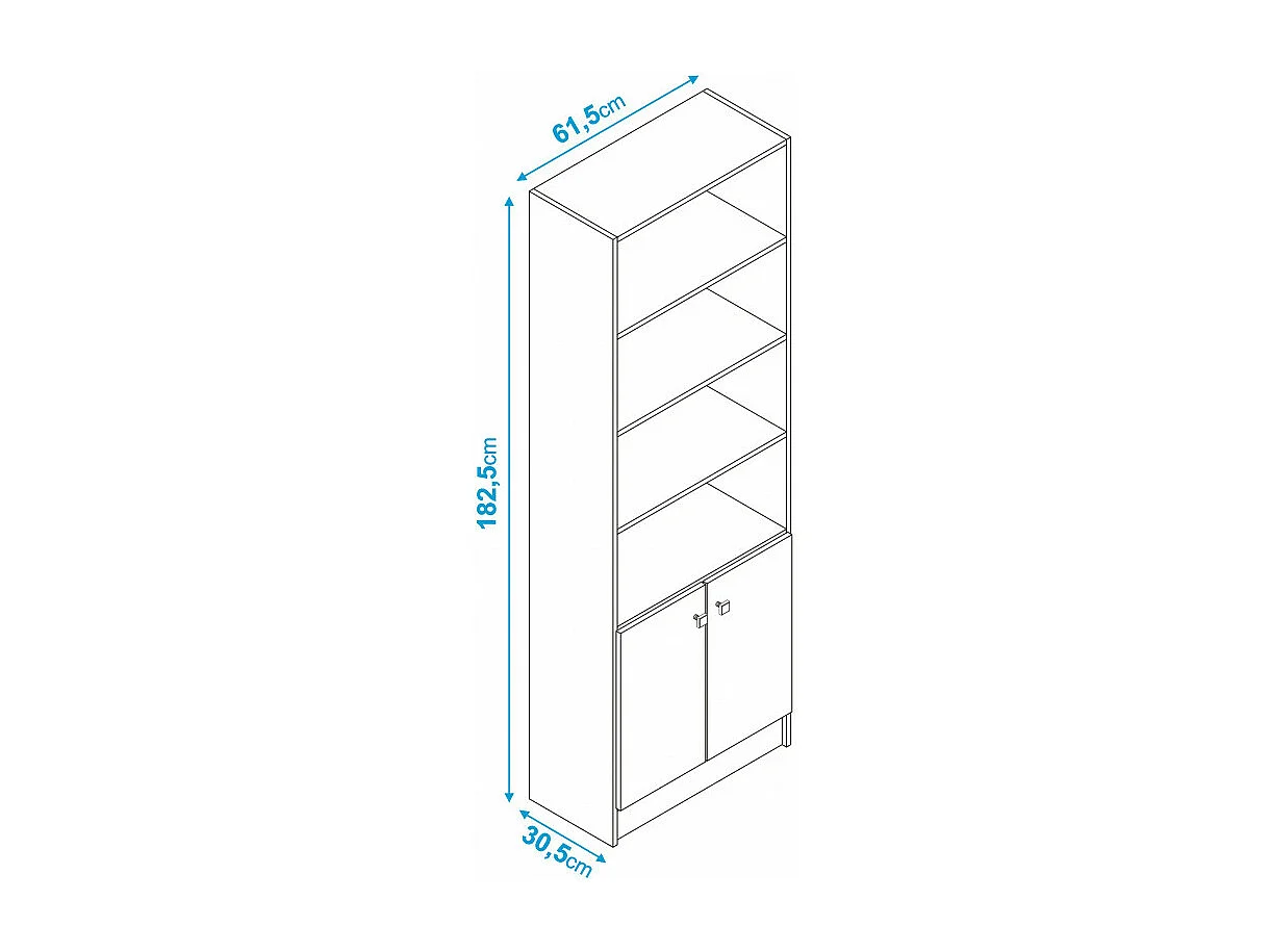 Bibliothèque 2 Portes Blanche 5 Niches L 61.5 H 182.5 P 30.5 cm