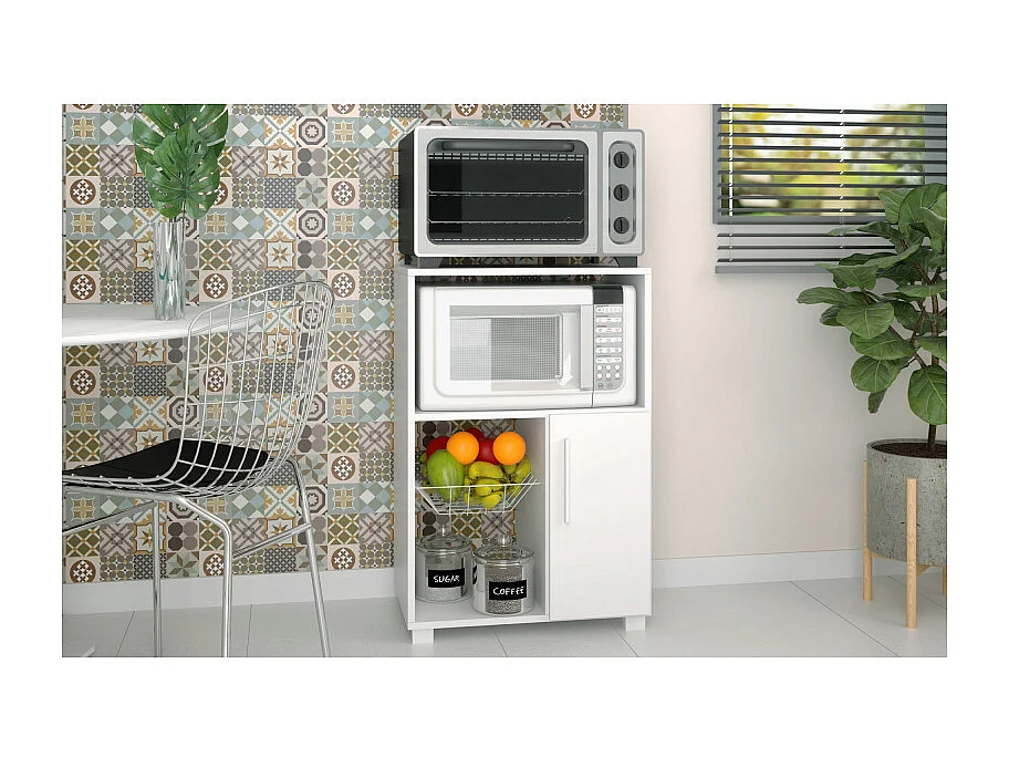 Desserte de Cuisine Micro-Onde Blanche 1 Porte 1 Panier Métal