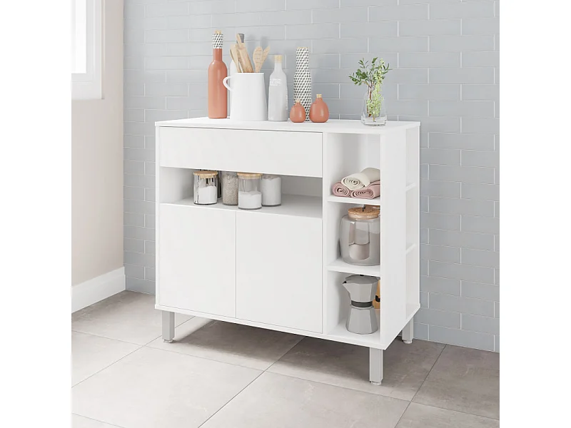 Meuble de Cuisine 2 Portes 1 Tiroir 5 Niches Blanc 90 cm