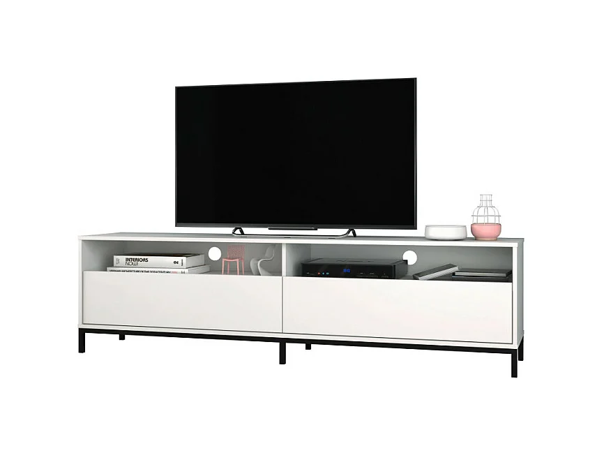 Meuble TV 70 Pouces 2 Abattants 4 Niches Blanc Pieds Métal L 180 H 49 P 38 cm