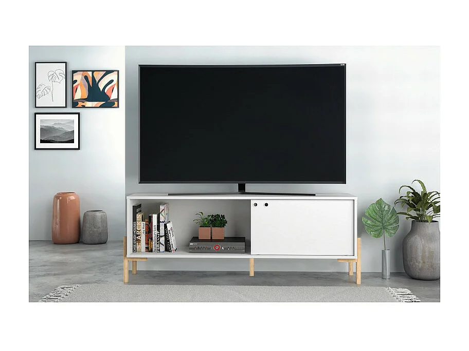 Meuble TV 65 Pouces Blanc 1 Porte Coulissante 2 Niches