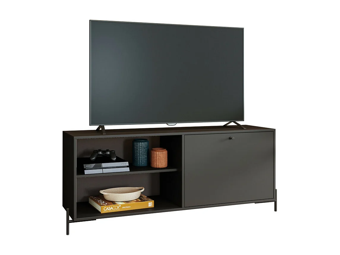 Meuble TV Bar 60 Pouces Noir 1 Porte 4 Niches Pieds Métal Ronds L 142 H 56 P 35 cm