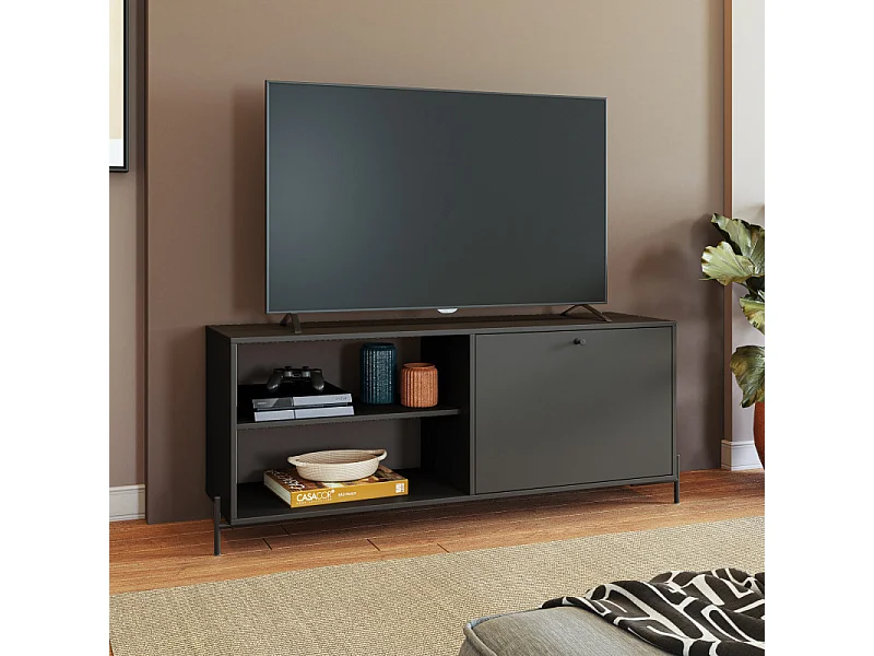 Meuble TV Bar 60 Pouces Noir 1 Porte 4 Niches Pieds Métal Ronds L 142 H 56 P 35 cm