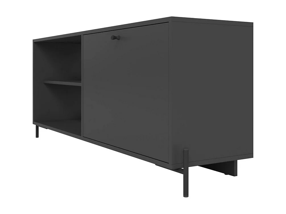 Meuble TV Bar 60 Pouces Noir 1 Porte 4 Niches Pieds Métal Ronds L 142 H 56 P 35 cm