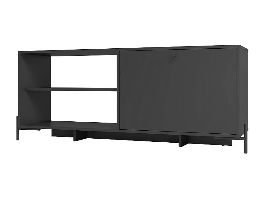 Meuble TV Bar 60 Pouces Noir 1 Porte 4 Niches Pieds Métal Ronds L 142 H 56 P 35 cm
