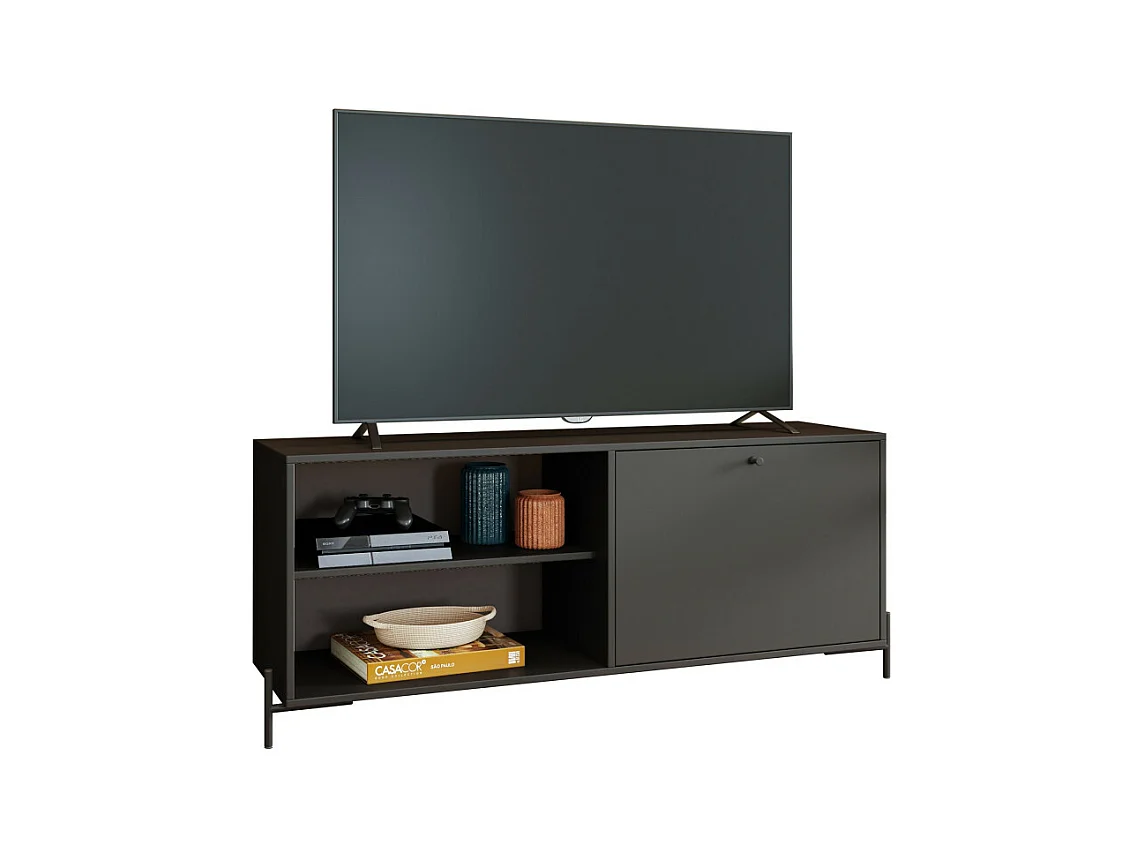 Meuble TV Bar 60 Pouces Noir 1 Porte 4 Niches Pieds Métal Ronds L 142 H 56 P 35 cm