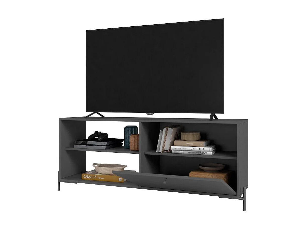 Meuble TV Bar 60 Pouces Noir 1 Porte 4 Niches Pieds Métal Ronds L 142 H 56 P 35 cm