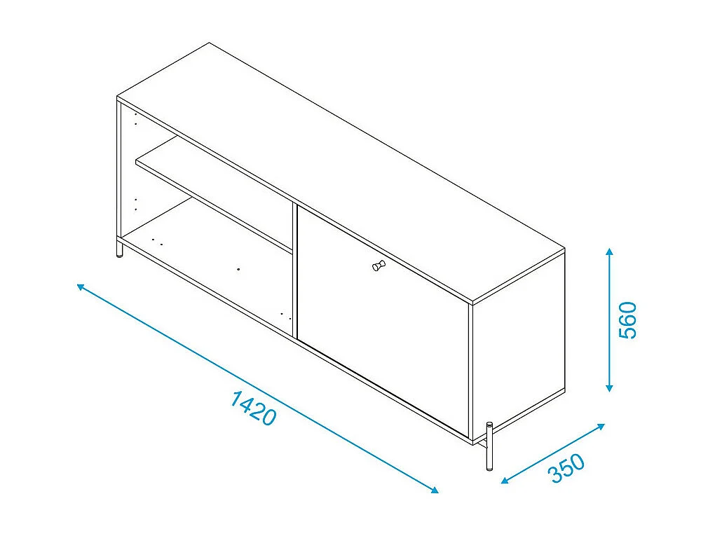 Meuble TV Bar 60 Pouces Noir 1 Porte 4 Niches Pieds Métal Ronds L 142 H 56 P 35 cm
