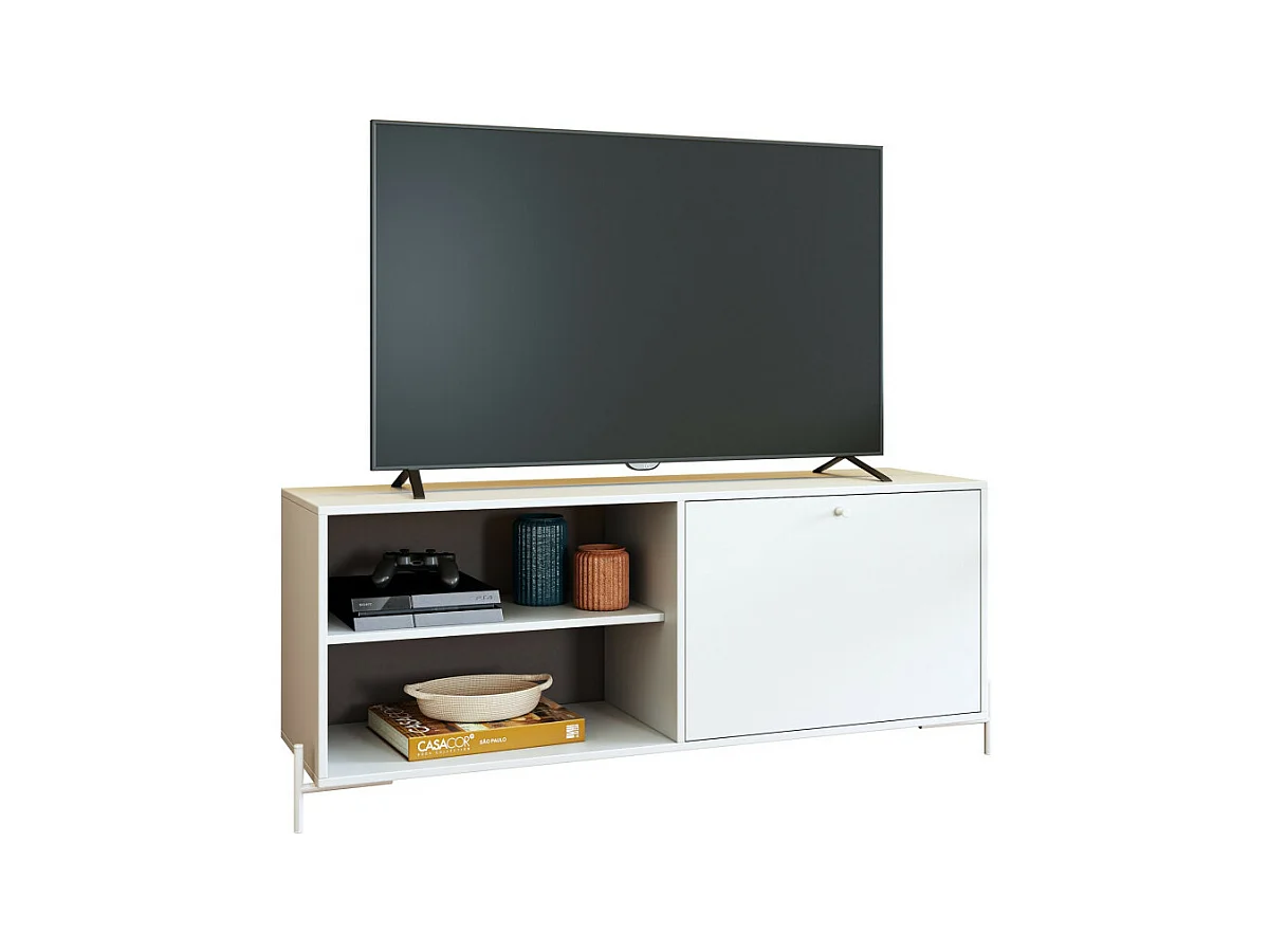 Meuble TV Bar 60 Pouces Blanc 1 Porte 4 Niches Pieds Métal Ronds L 142 H 56 P 35 cm