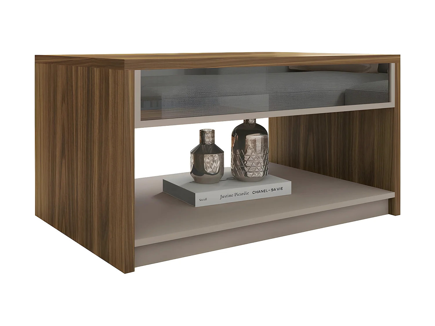 Table Basse Rectangle 90 cm Vitrée Chêne et Taupe L 90.2 H 47.5 P 60 cm