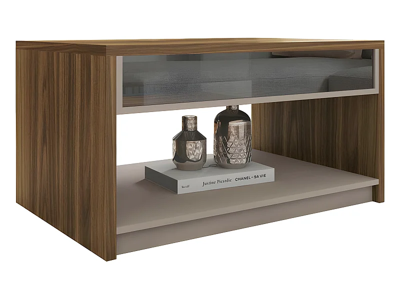 Table Basse Rectangle 90 cm Vitrée Chêne et Taupe L 90.2 H 47.5 P 60 cm