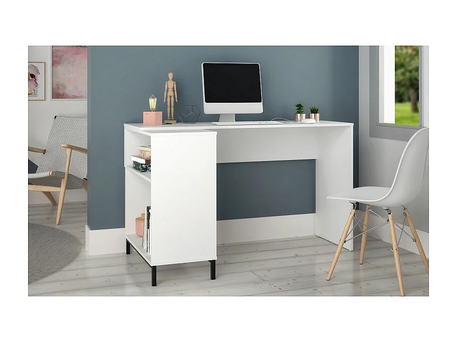 Bureau d'Angle Blanc et Meuble de Rangement 2 Niches