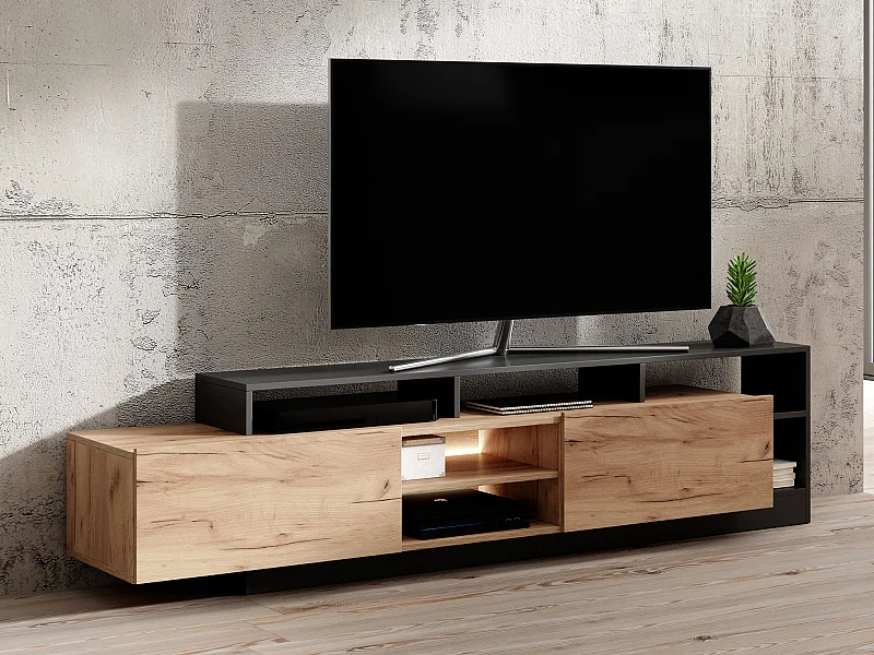 TV-Möbel - 2 Türen und 6 Ablagefächer - Mit LED-Beleuchtung - Holzfarben hell und Anthrazit - IDESIA