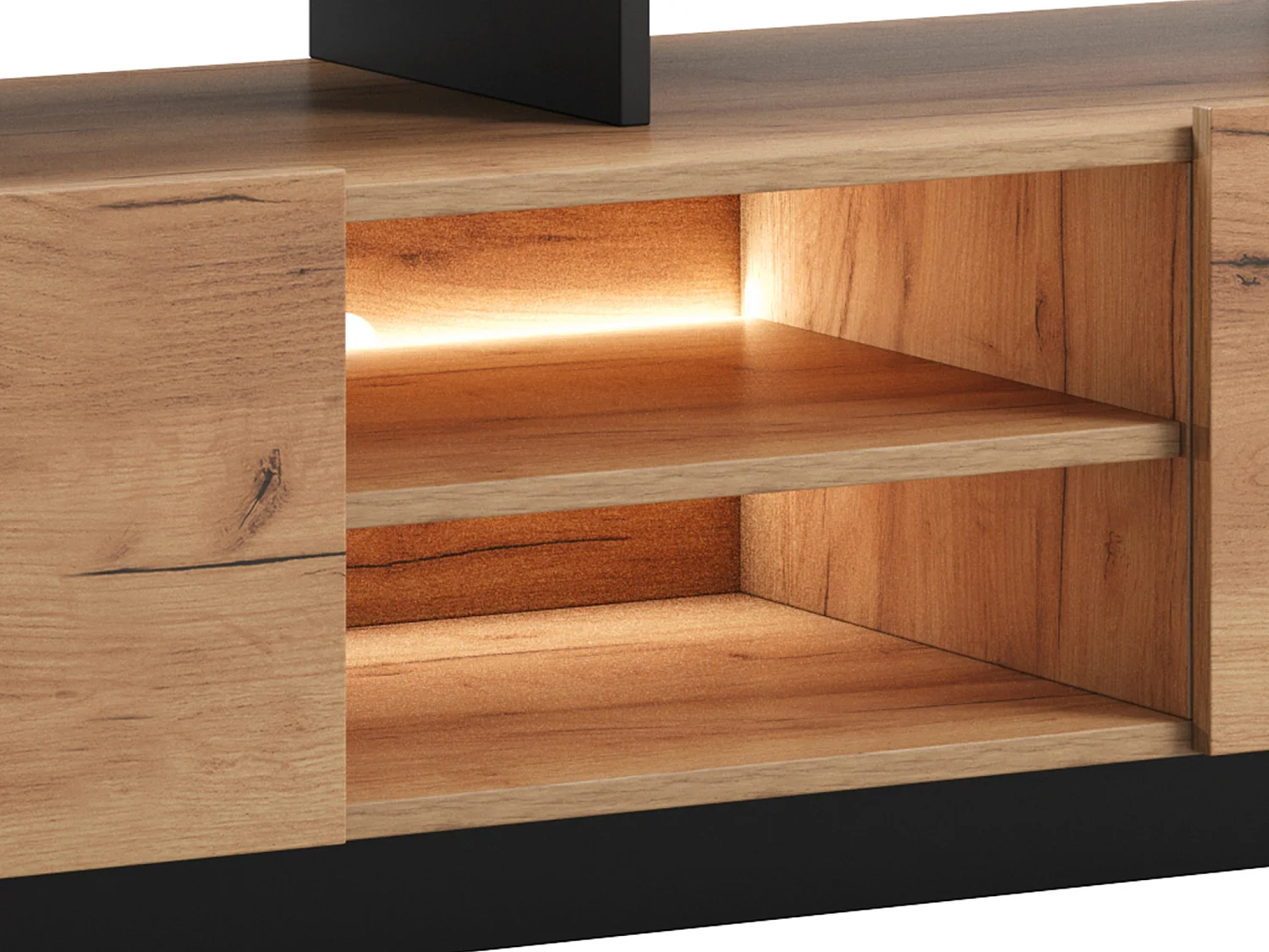 Meuble TV 2 portes et 6 niches avec LEDs - Naturel clair et Anthracite - IDESIA