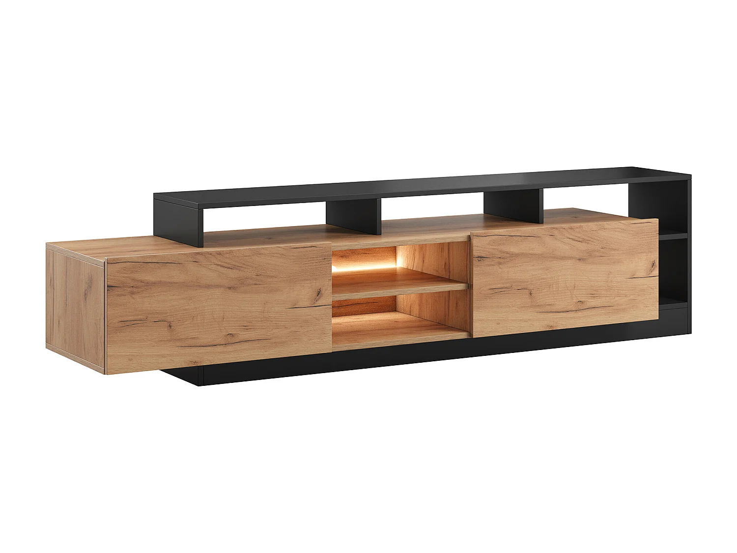 Meuble TV 2 portes et 6 niches avec LEDs - Naturel clair et Anthracite - IDESIA