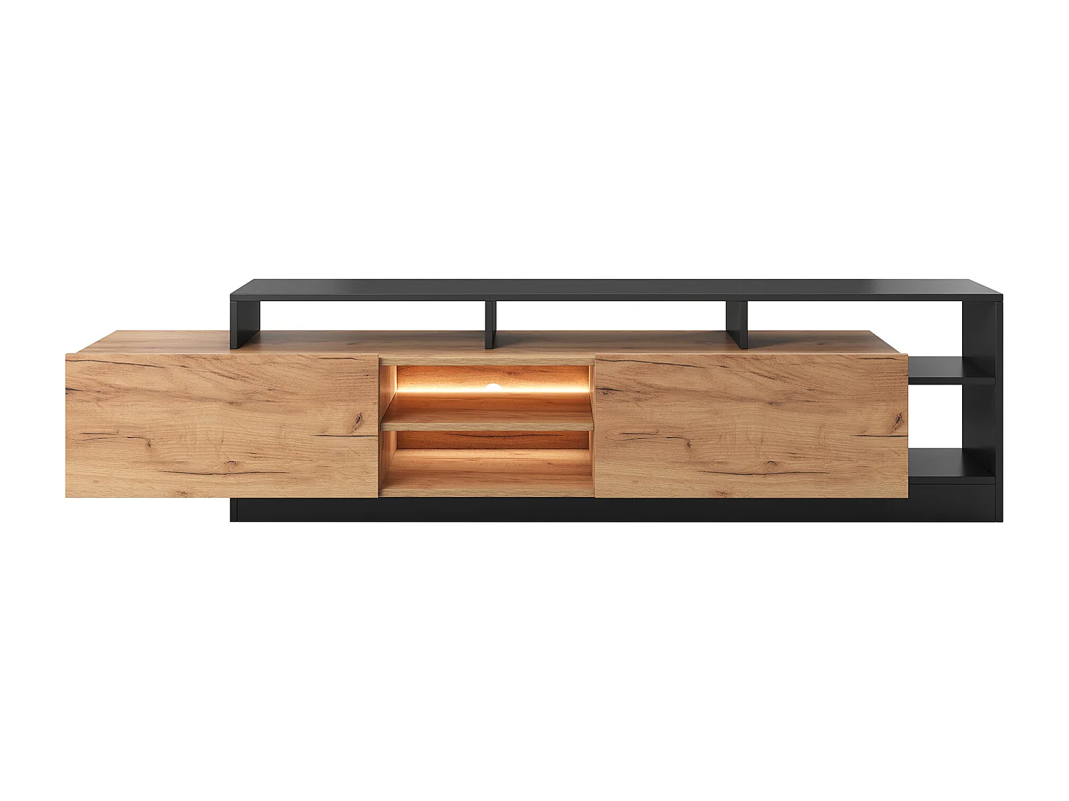 Meuble TV 2 portes et 6 niches avec LEDs - Naturel clair et Anthracite - IDESIA