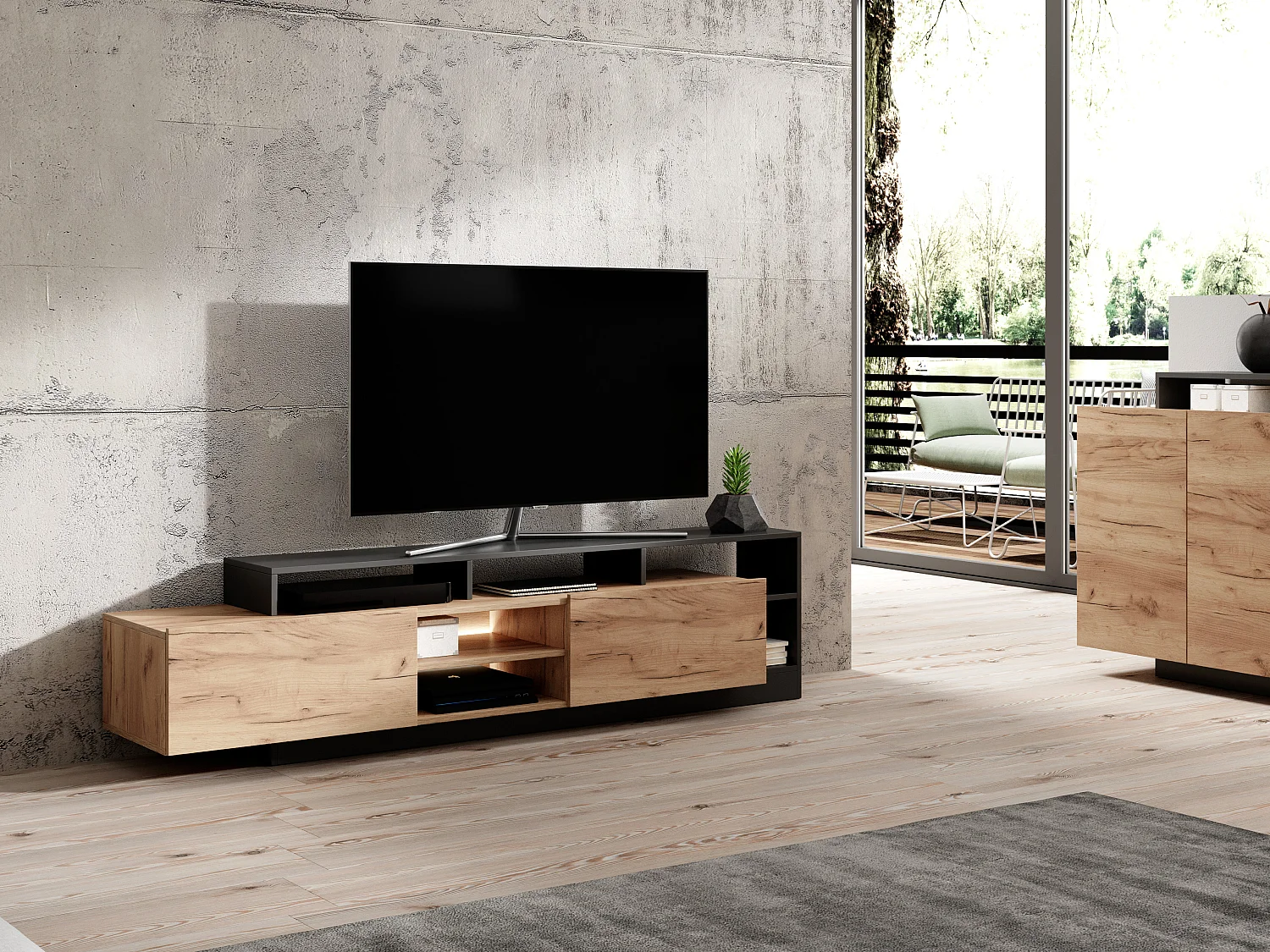 TV-Möbel - 2 Türen und 6 Ablagefächer - Mit LED-Beleuchtung - Holzfarben hell und Anthrazit - IDESIA