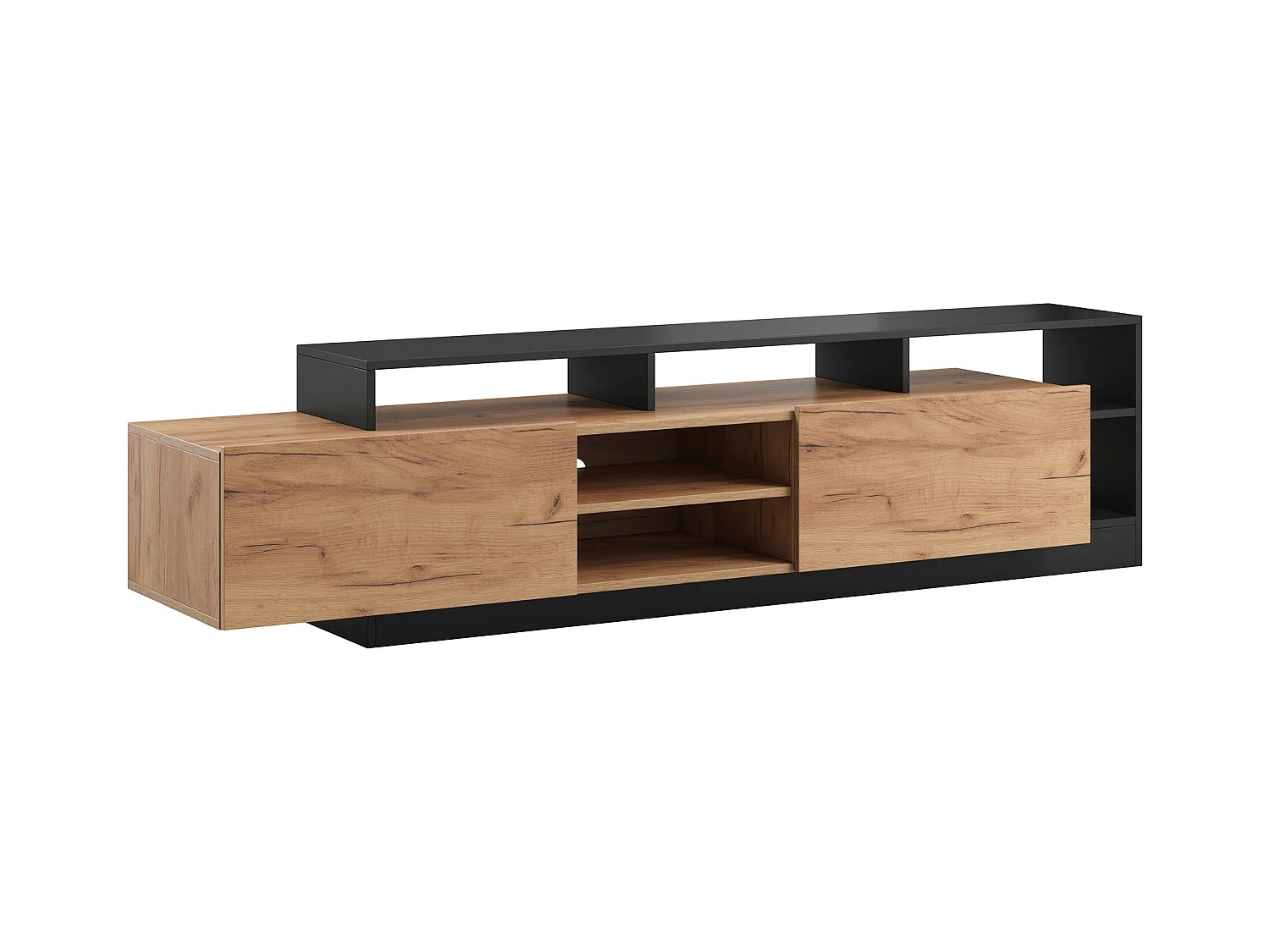 Tv-meubel met 2 deuren en 6 nissen met ledverlichting - Licht naturel en antraciet - IDESIA