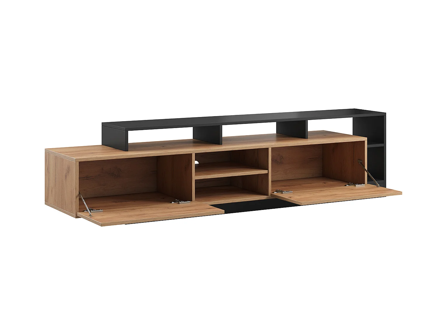 Tv-meubel met 2 deuren en 6 nissen met ledverlichting - Licht naturel en antraciet - IDESIA