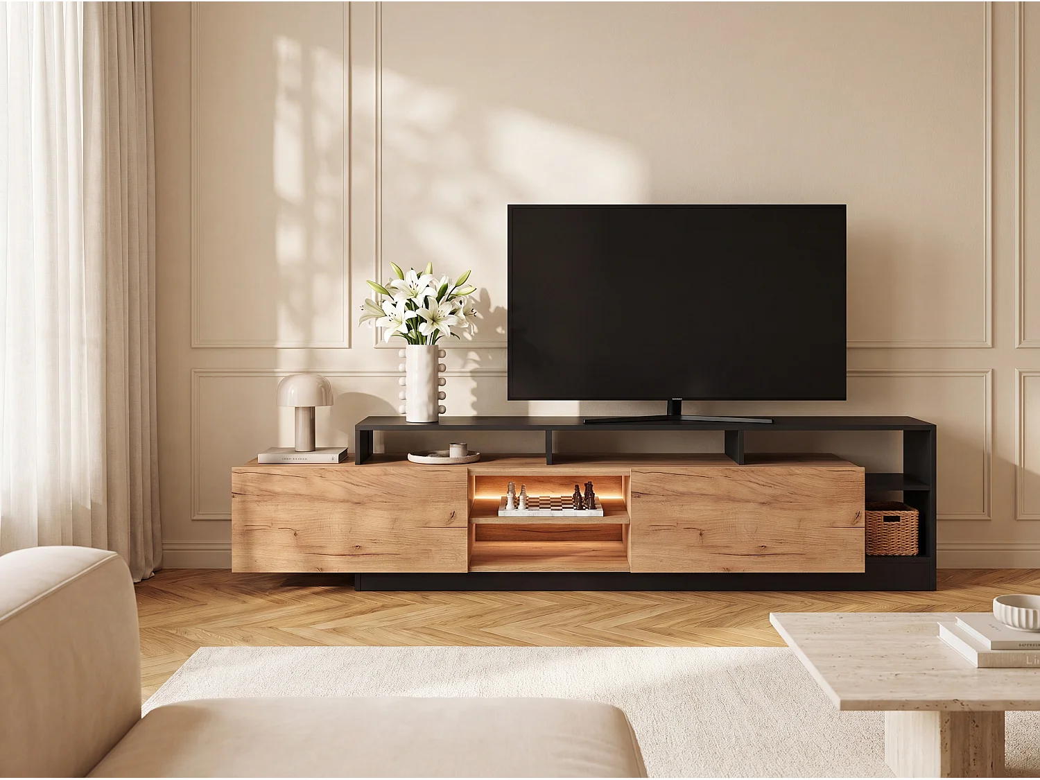 TV-Möbel - 2 Türen und 6 Ablagefächer - Mit LED-Beleuchtung - Holzfarben hell und Anthrazit - IDESIA