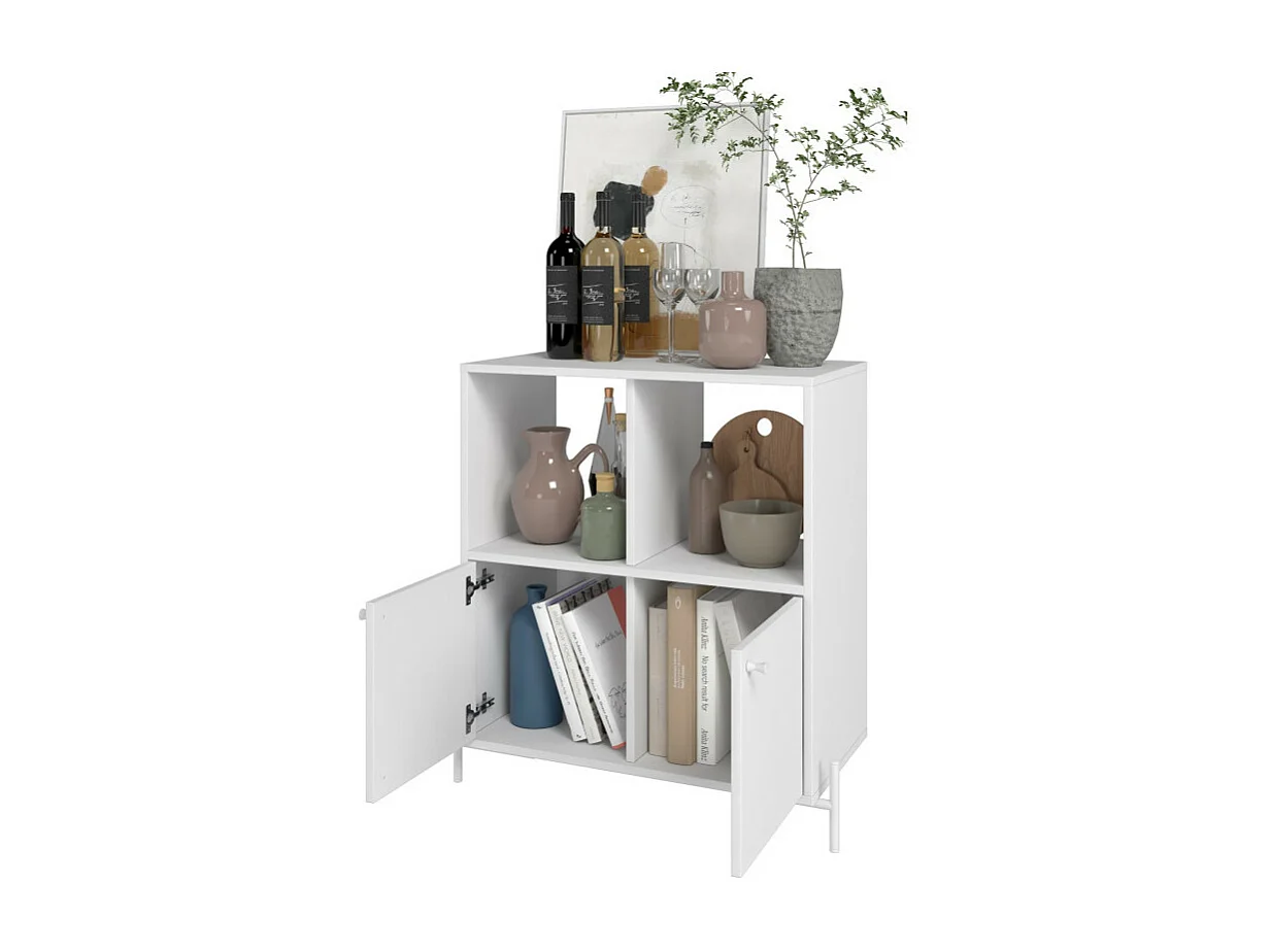 Buffet Armoire 2 Portes 4 Niches Blanc sur PIeds Métal Ronds L 74.5 H 79 P 35 cm