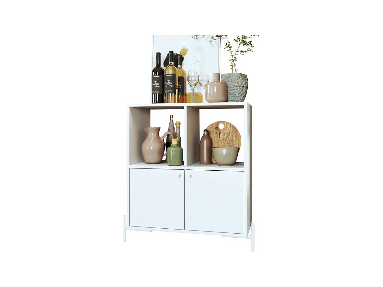 Buffet Armoire 2 Portes 4 Niches Blanc sur PIeds Métal Ronds L 74.5 H 79 P 35 cm