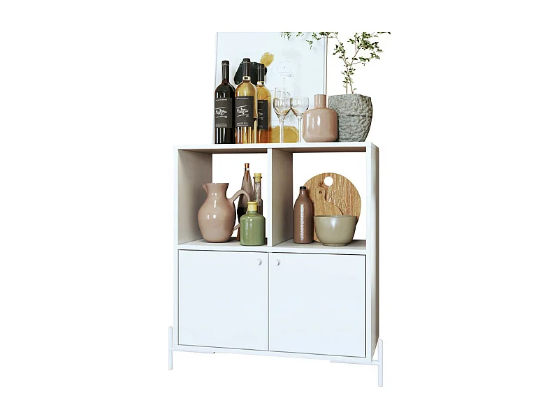 Buffet Armoire 2 Portes 4 Niches Blanc sur PIeds Métal Ronds L 74.5 H 79 P 35 cm