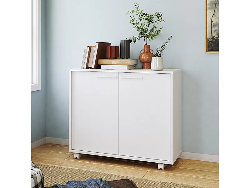 Buffet Armoirette 2 Portes 4 Niches Blanc L 90 cm sur Roulettes