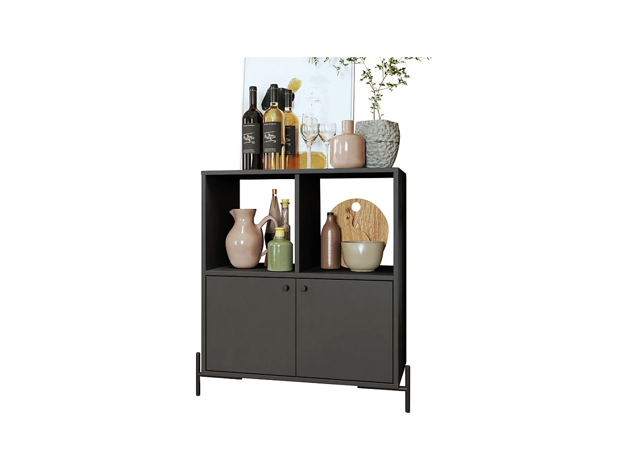 Buffet Armoire 2 Portes 4 Niches Noir sur PIeds Métal Ronds L 74.5 H 79 P 35 cm